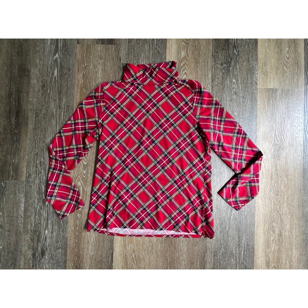 Talbots Turtleneck Top Womens L Red Plaid Long Sleeve Cotton Blend Tee
